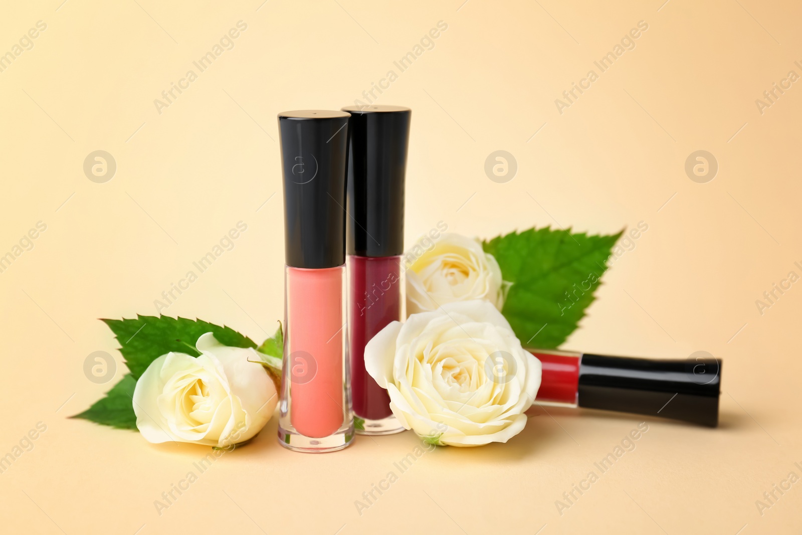 Photo of Lip glosses and flowers on color background