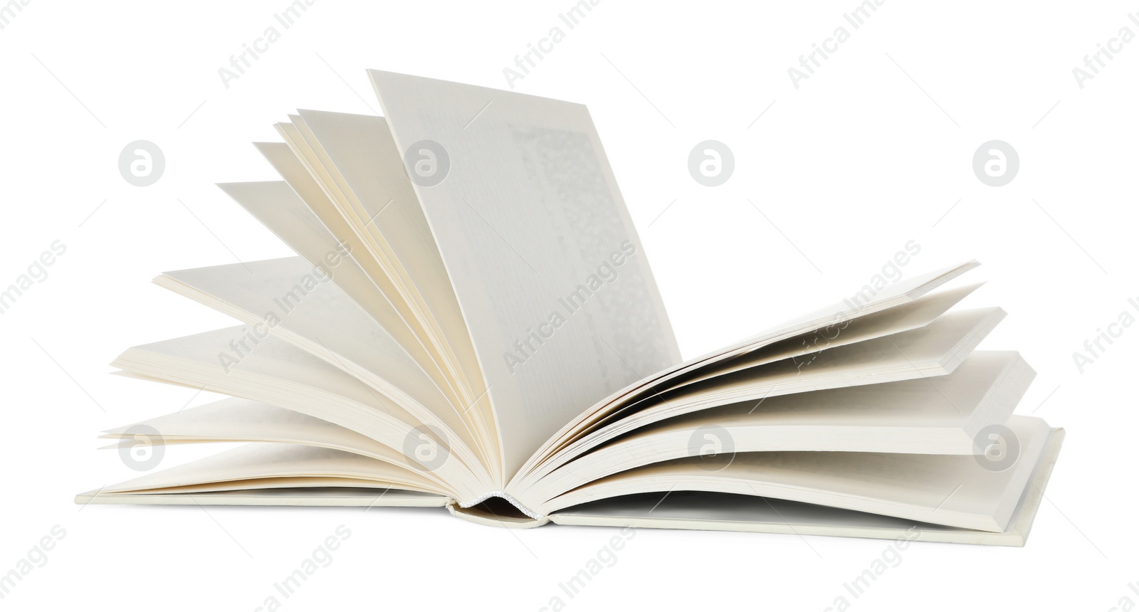 Photo of Open book with hard cover on white background