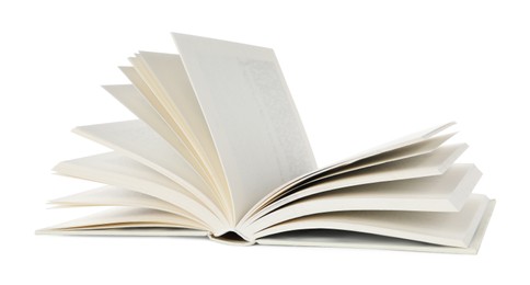 Photo of Open book with hard cover on white background