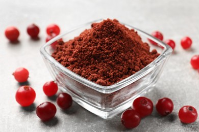 Cranberry powder in bowl and fresh berries on light grey table, closeup