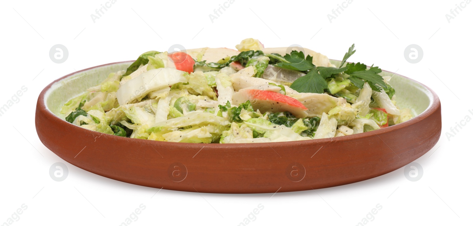 Photo of Delicious salad with Chinese cabbage, crab sticks and parsley isolated on white