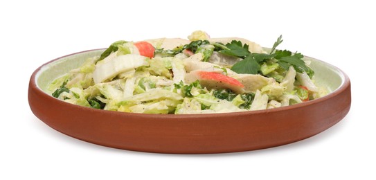 Photo of Delicious salad with Chinese cabbage, crab sticks and parsley isolated on white