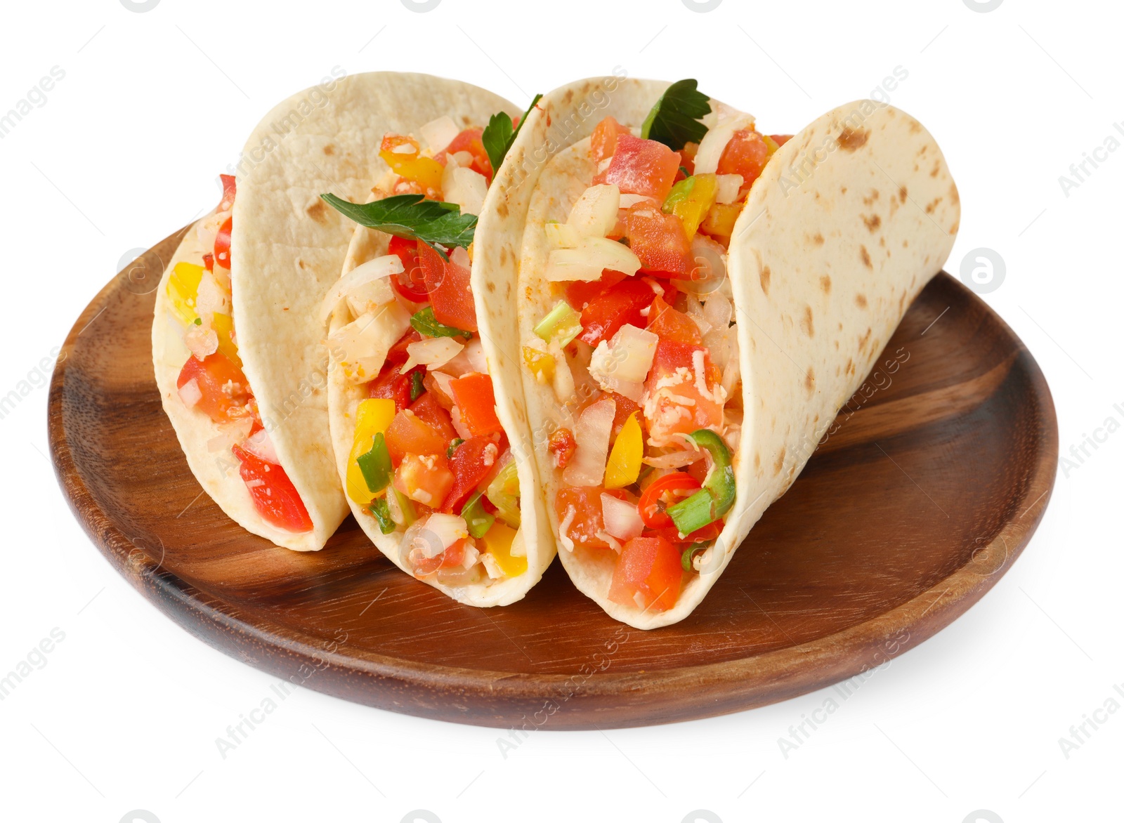 Photo of Delicious tacos with vegetables isolated on white