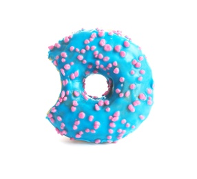 Delicious bitten doughnut with sprinkles on white background