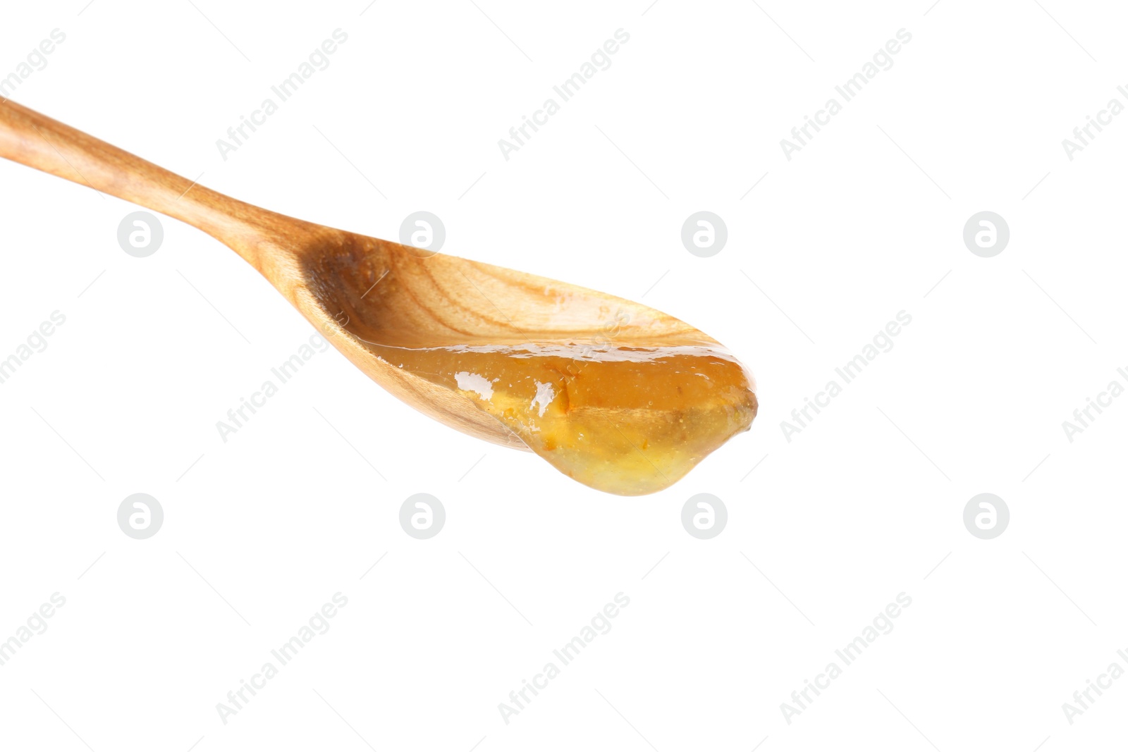 Photo of Spoon with tasty sweet jam isolated on white