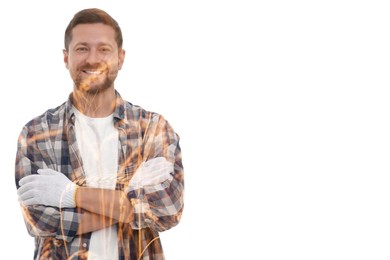 Double exposure of happy farmer and wheat field on white background