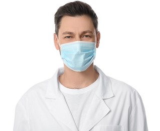 Photo of Doctor or medical assistant (male nurse) in uniform with protective mask on white background