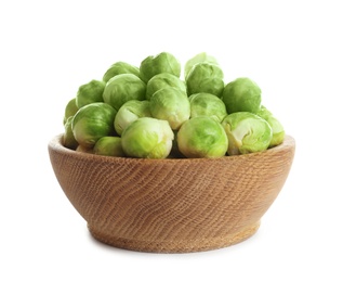 Photo of Bowl of fresh Brussels sprouts isolated on white