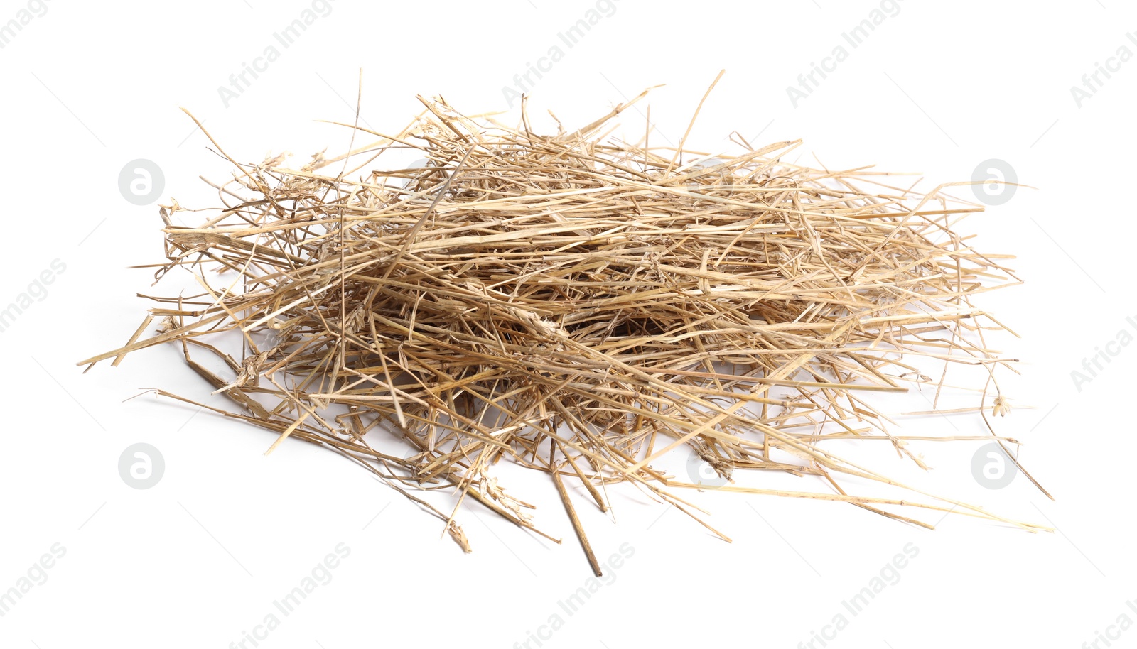 Photo of Dried straw isolated on white. Livestock feed