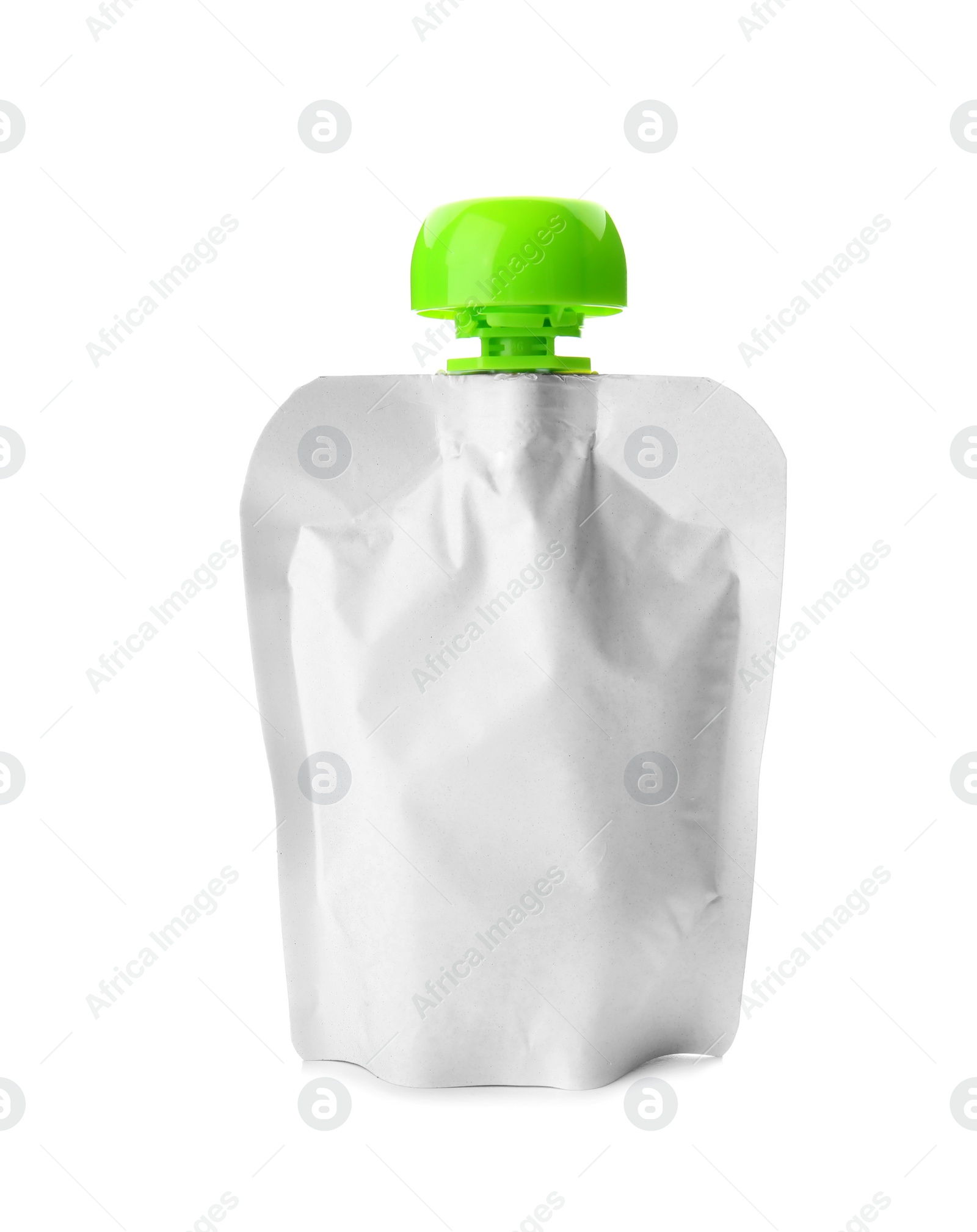 Photo of Squeeze pouch with healthy baby food on white background