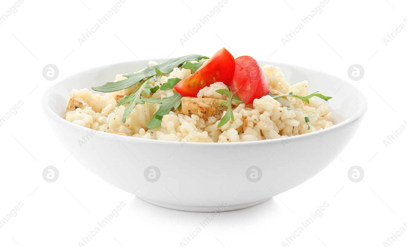 Photo of Delicious risotto with chicken isolated on white