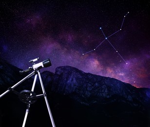 Swan (Cygnus) constellation in starry sky over mountains at night. Stargazing with telescope, low angle view