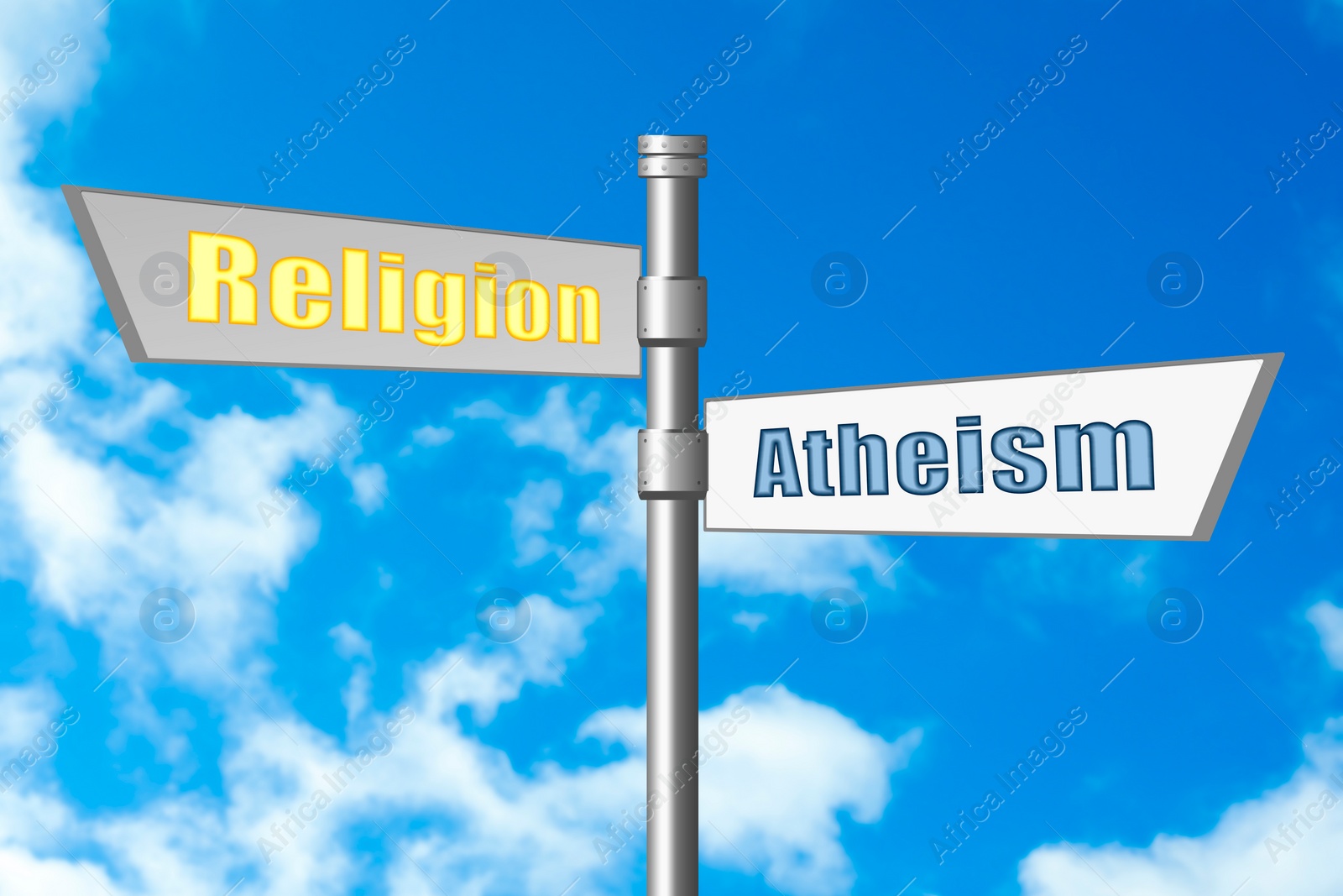 Image of Choice between atheism and religion. Signpost with words pointing in different directions against beautiful sky