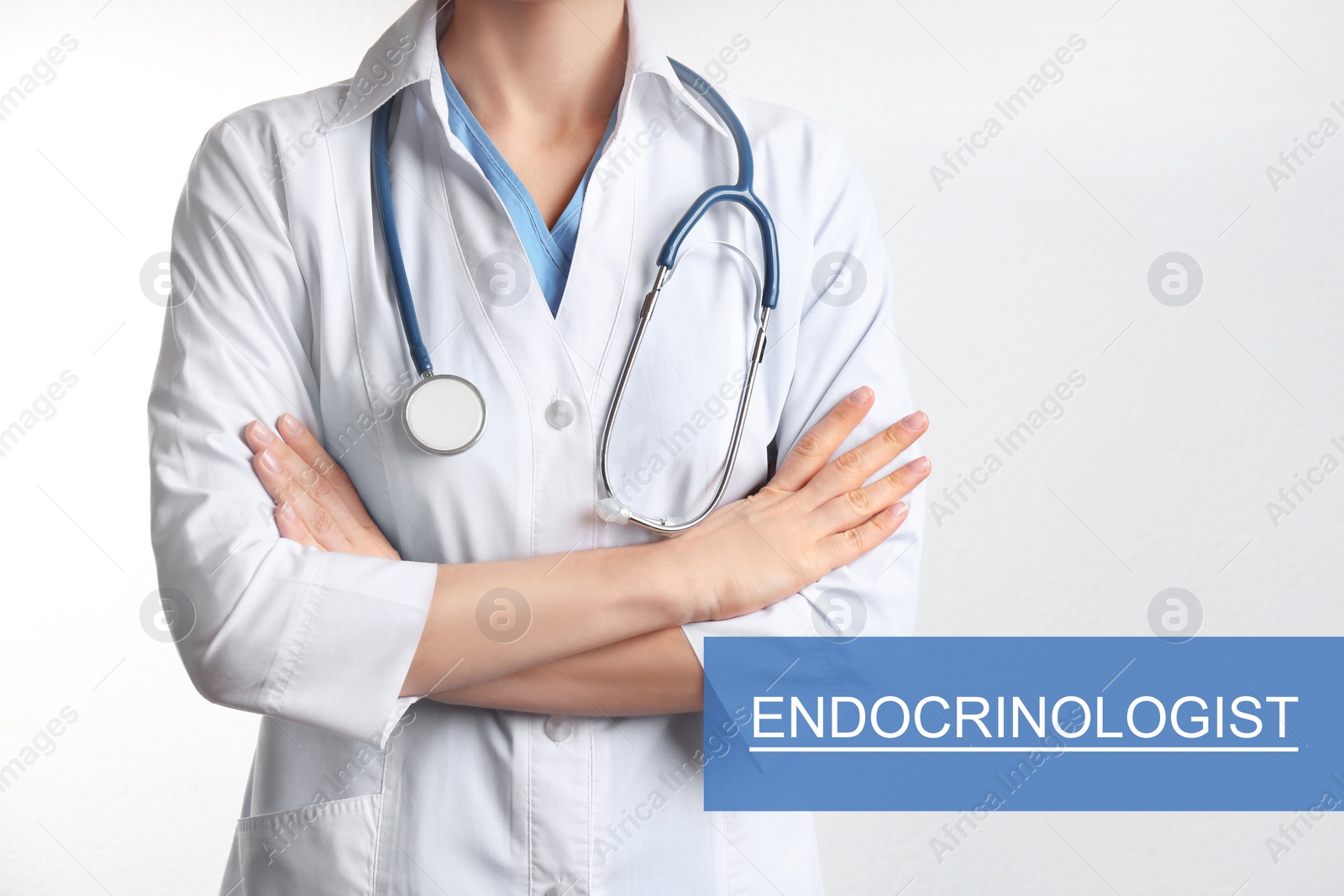 Image of Endocrinologist with stethoscope on white background, closeup