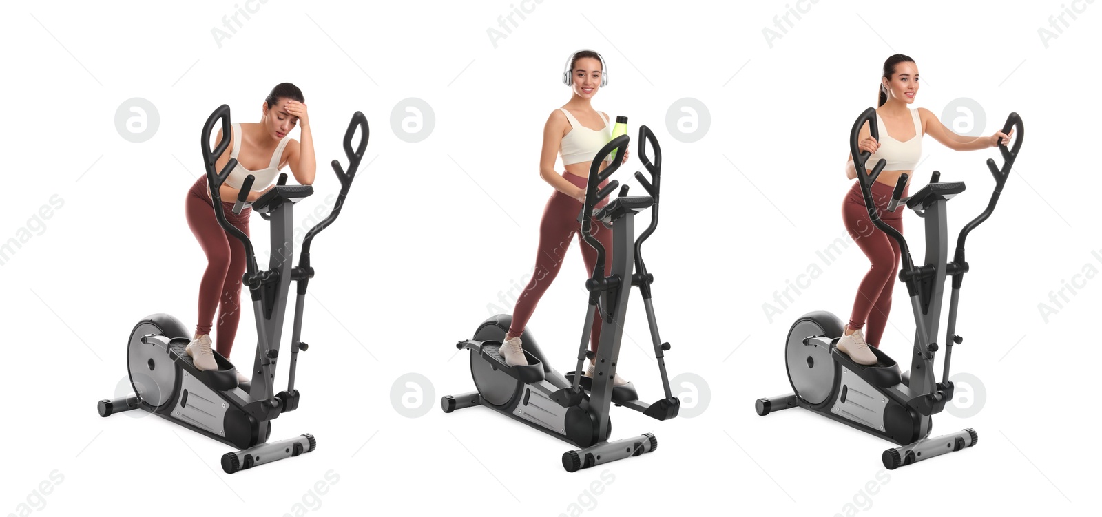 Image of Woman using modern elliptical machine on white background, collage. Banner design