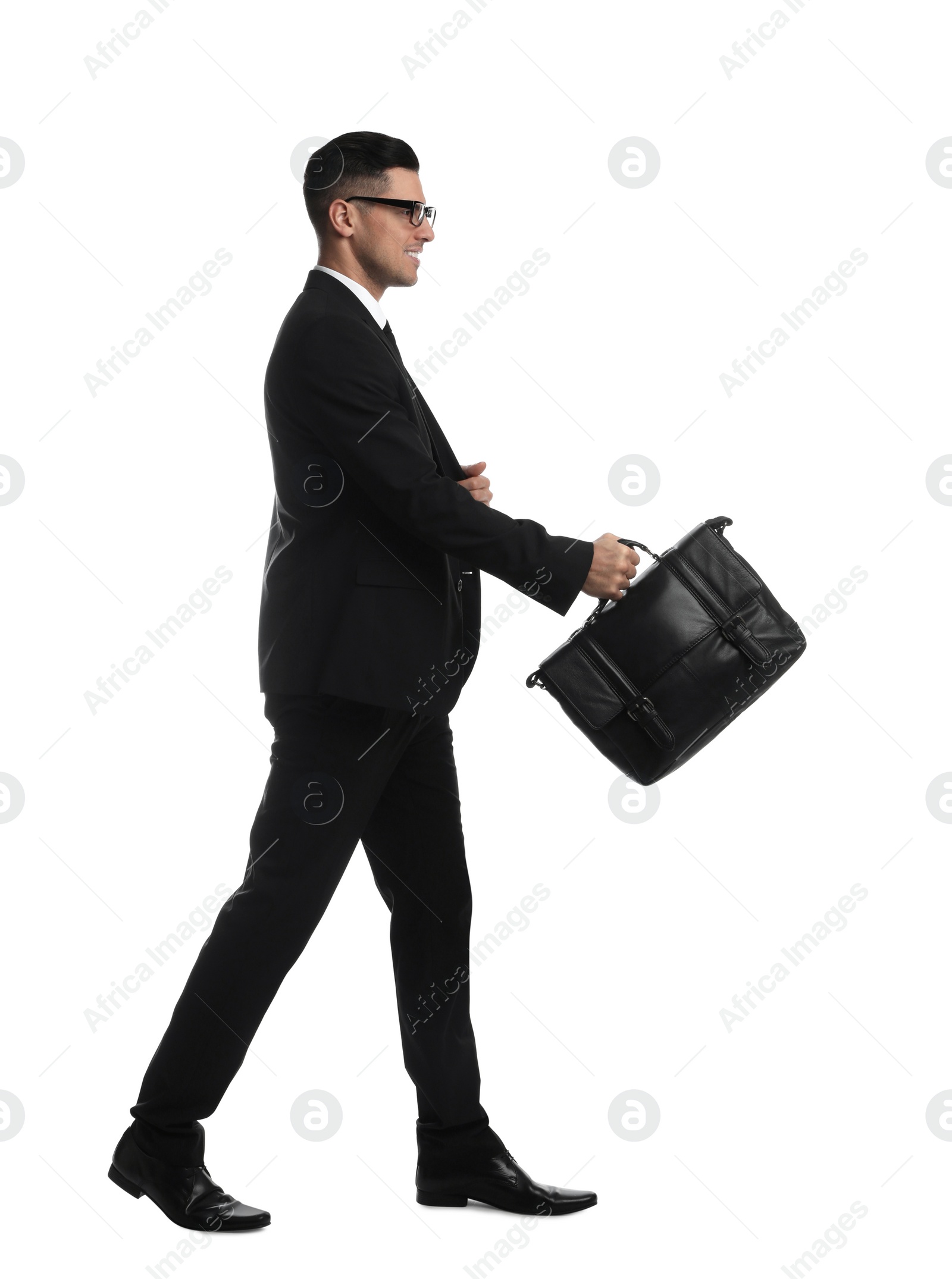 Photo of Businessman with stylish leather briefcase on white background