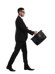 Businessman with stylish leather briefcase on white background