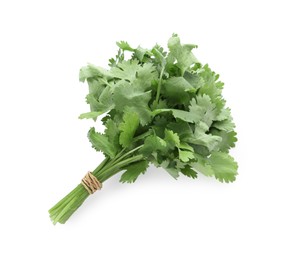 Photo of Bunch of fresh green organic cilantro isolated on white, top view
