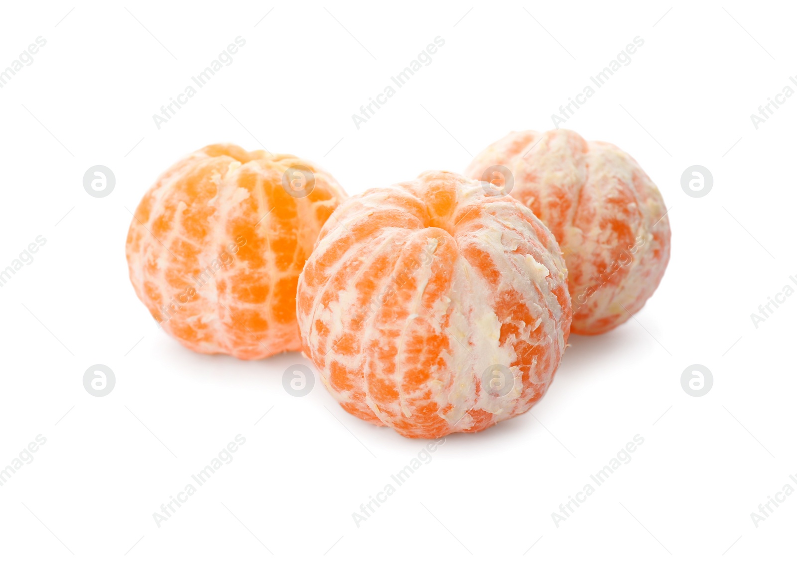 Photo of Peeled fresh tangerines on white background. Citrus fruit