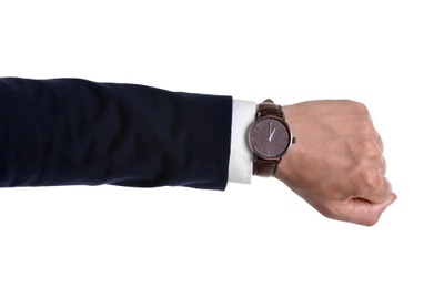 Businessman with wristwatch on white background. Time concept