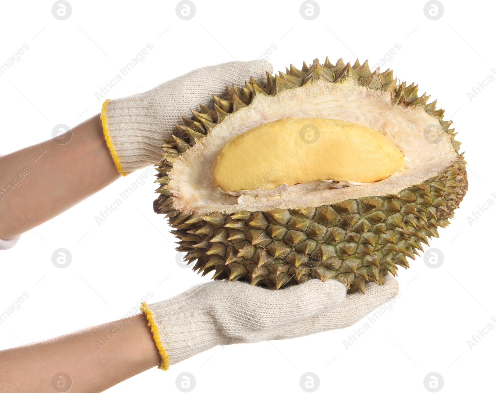 Photo of Woman in gloves holding fresh ripe durian on white background, closeup