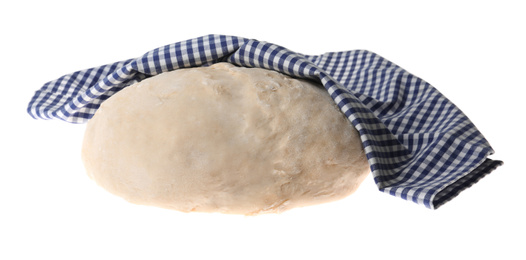 Photo of Raw dough for pastries covered with napkin isolated on white