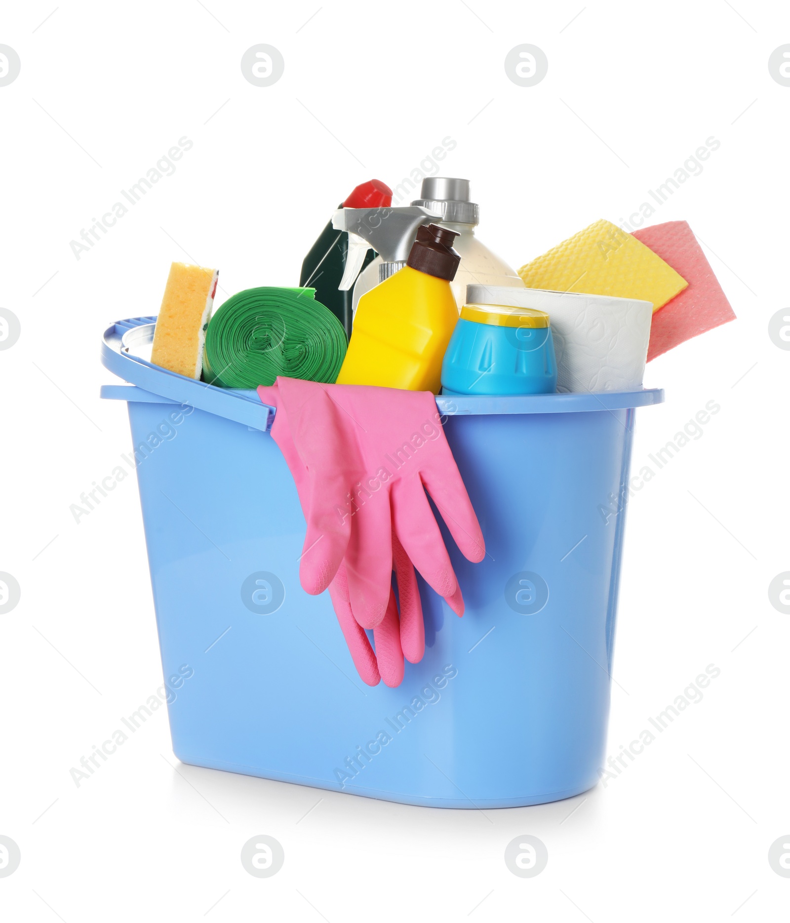 Photo of Bucket with cleaning supplies on white background