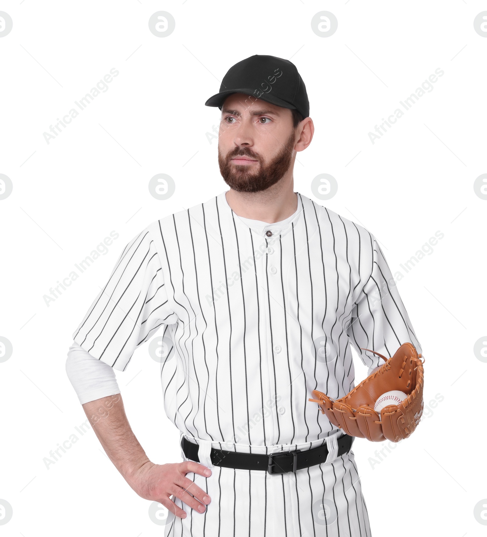 Photo of Baseball player with leather glove and ball on white background