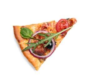 Slice of tasty homemade pizza on white background, top view