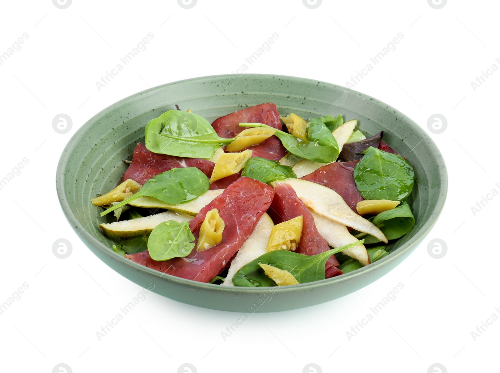Photo of Delicious bresaola salad in bowl isolated on white
