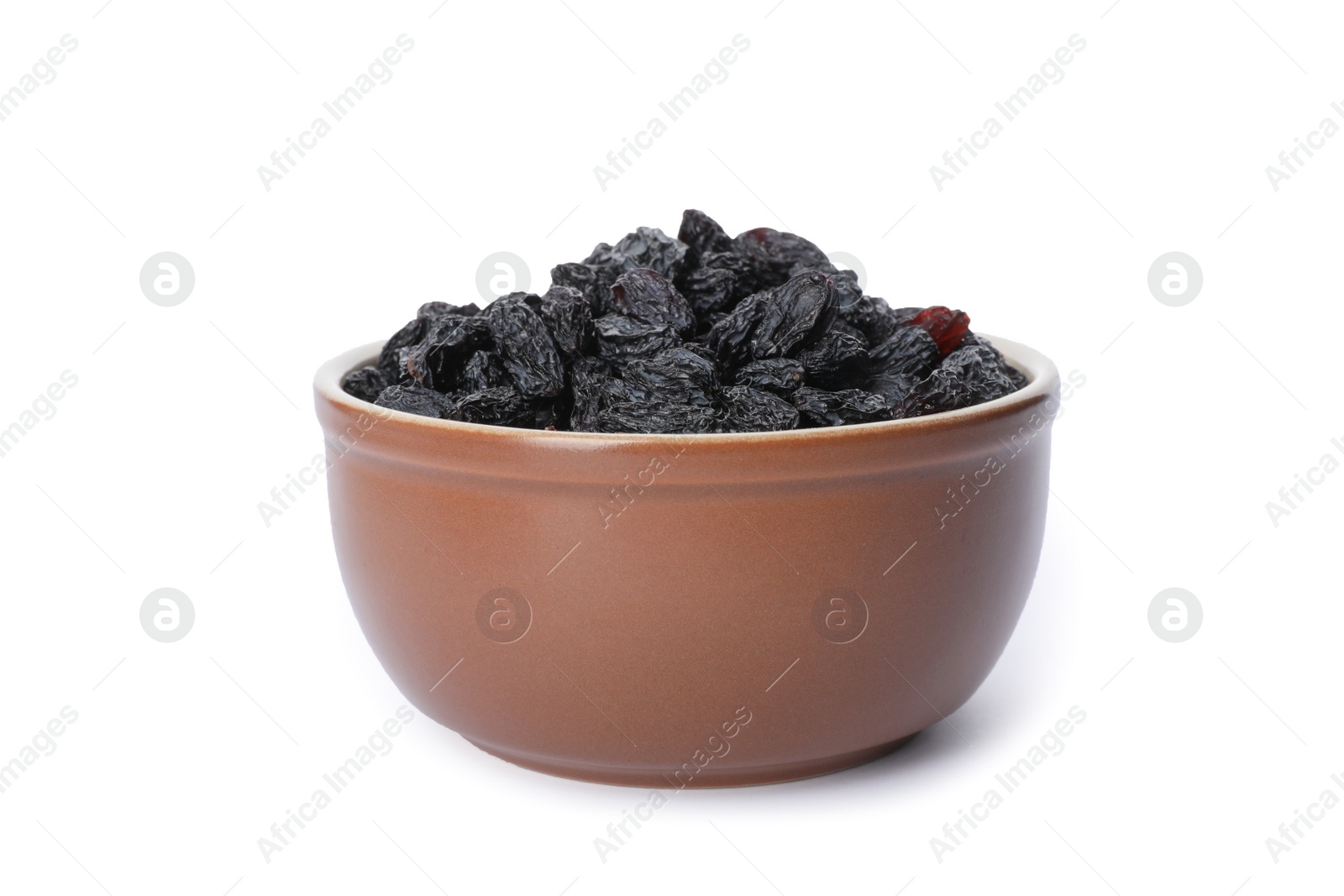 Photo of Bowl with dried dark raisins isolated on white. Healthy nutrition with fruits