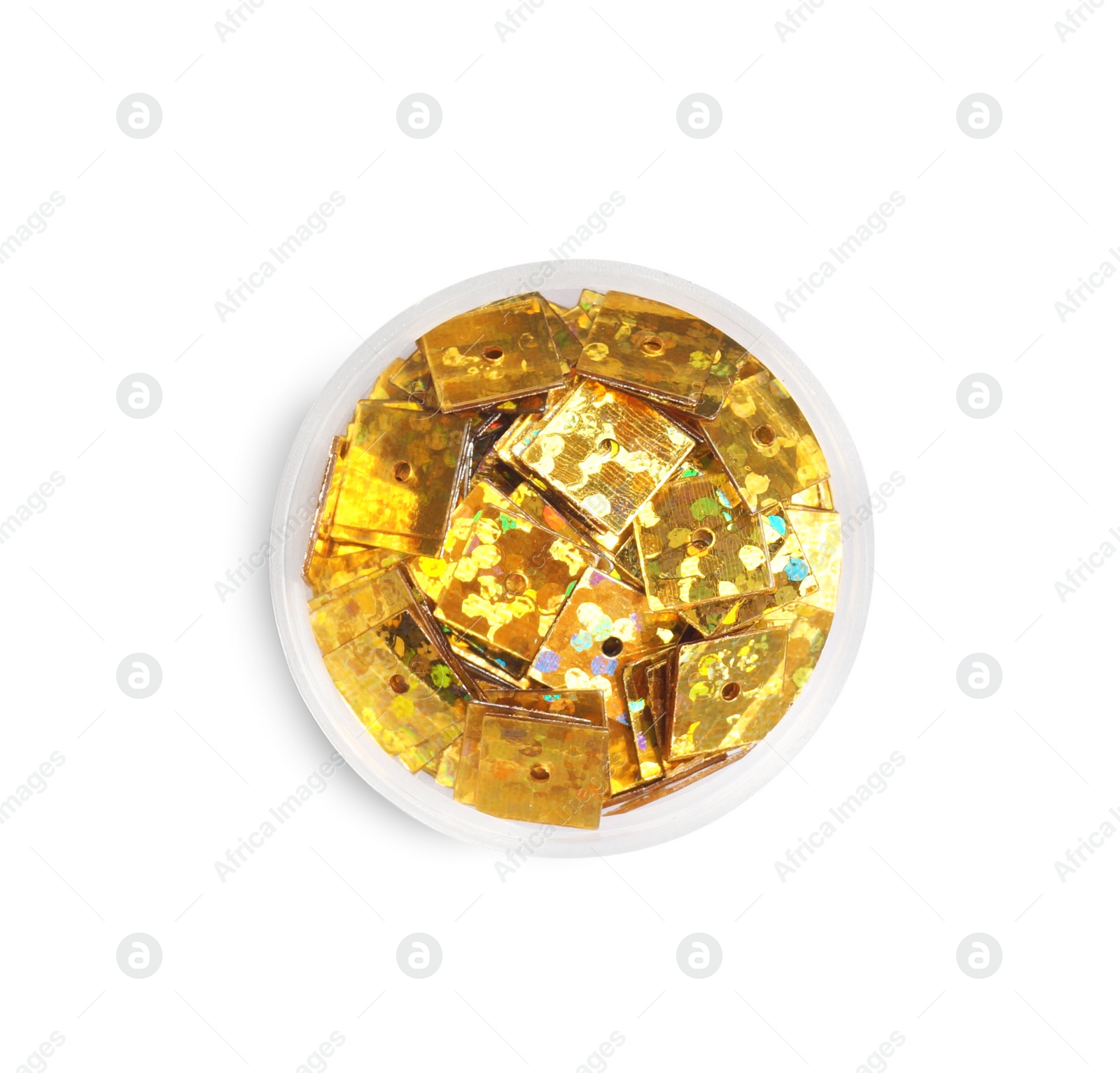 Photo of Golden sequins in container isolated on white, top view