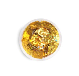 Photo of Golden sequins in container isolated on white, top view