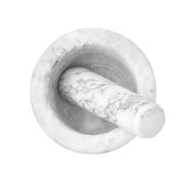 Photo of Marble mortar with pestle isolated on white, top view. Cooking utensils