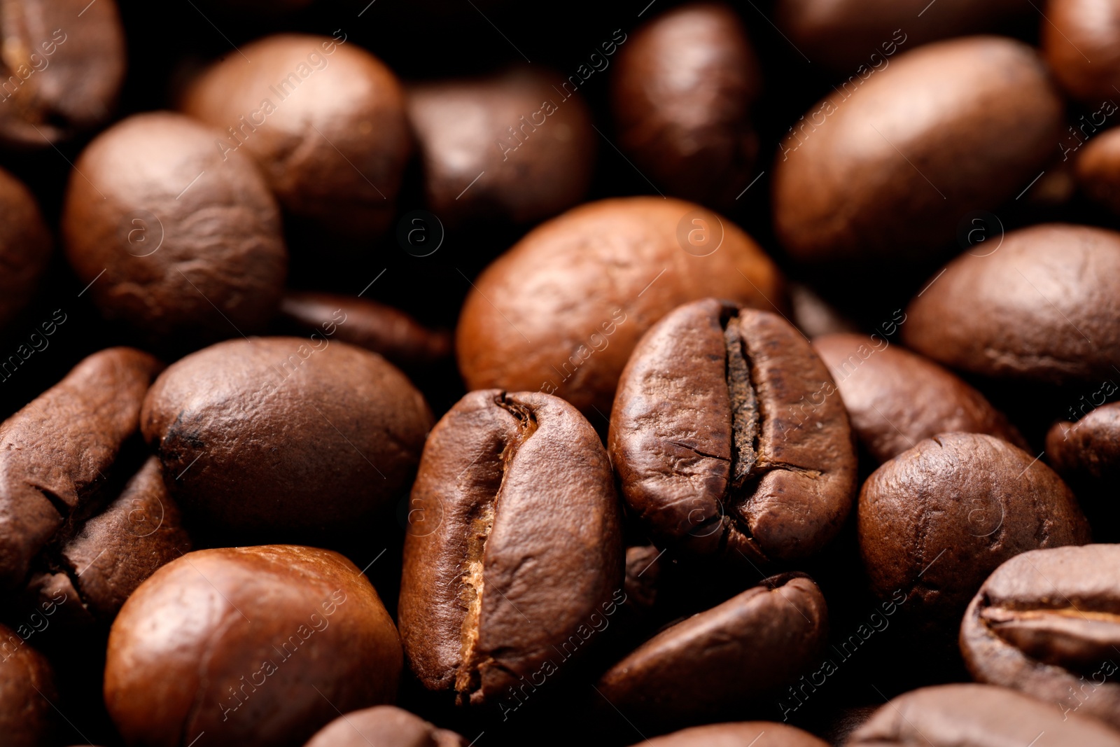 Photo of Aromatic roasted coffee beans as background, closeup