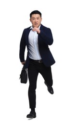 Photo of Businessman in suit with briefcase running on white background