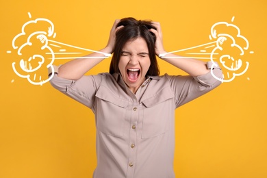 Image of Stressed and upset young woman on yellow background