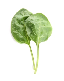 Photo of Fresh green healthy baby spinach leaves isolated on white, top view