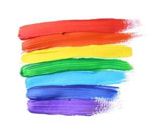 Photo of Multicolored paint swatches on white background, top view