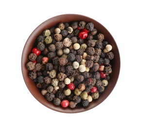Photo of Bowl of mixed peppercorns isolated on white, top view