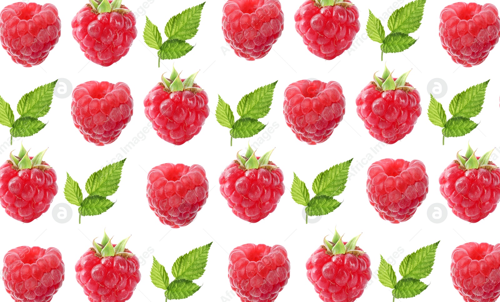 Image of Pattern of fresh ripe raspberries and green leaves on white background