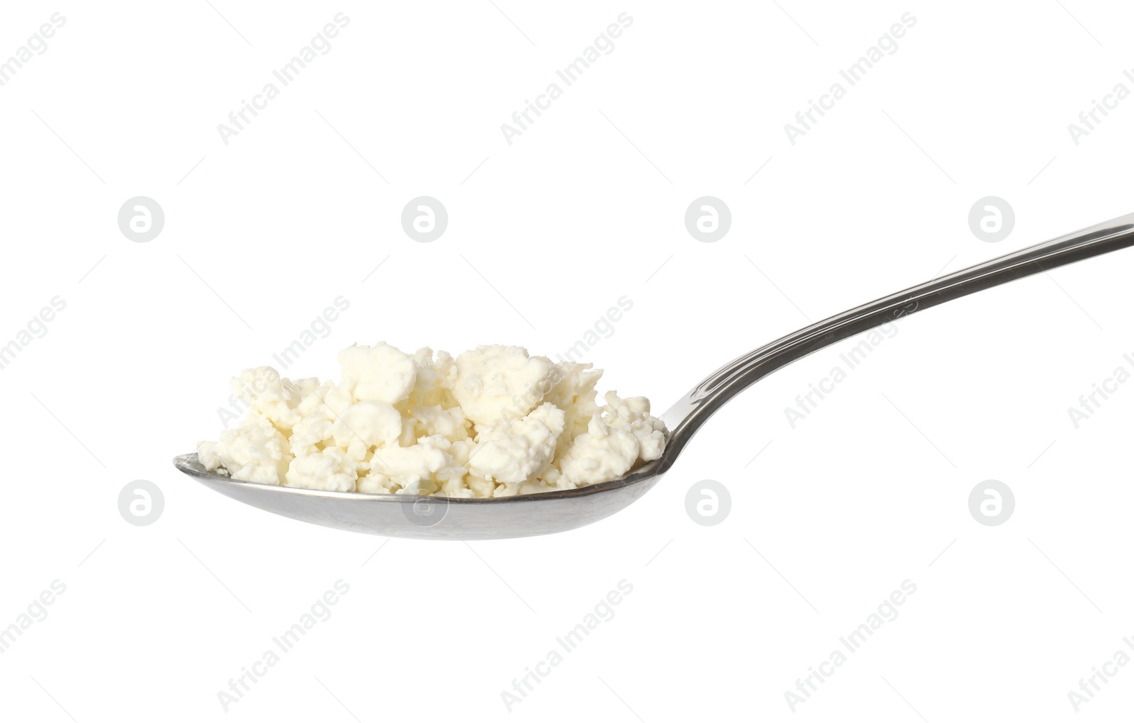 Photo of Delicious fresh cottage cheese in spoon isolated on white