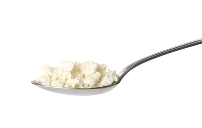 Delicious fresh cottage cheese in spoon isolated on white
