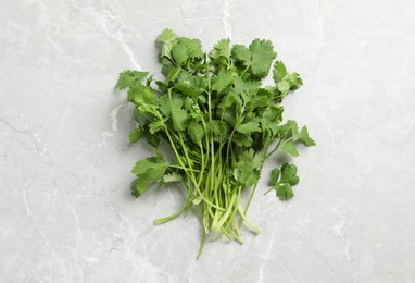 Bunch of fresh aromatic cilantro on light marble table, top view