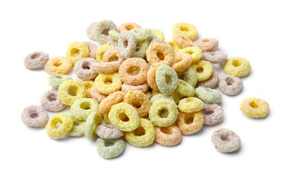Photo of Pile of tasty cereal rings isolated on white