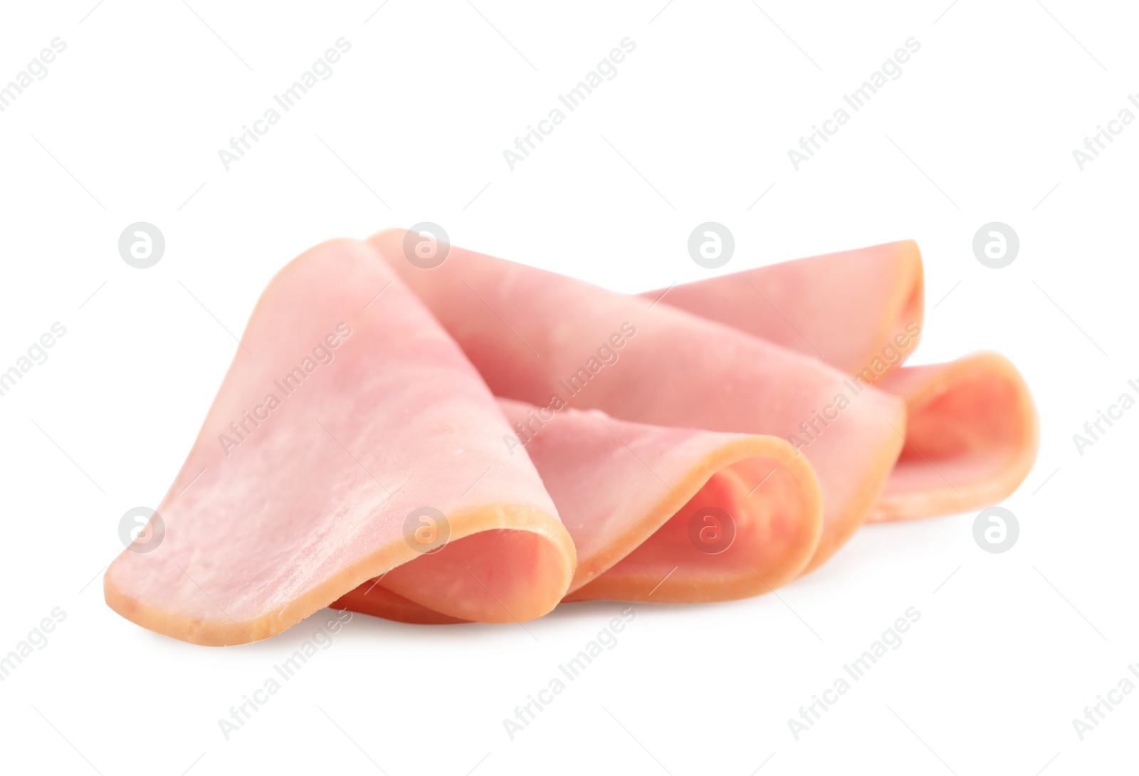 Photo of Slices of tasty fresh ham isolated on white