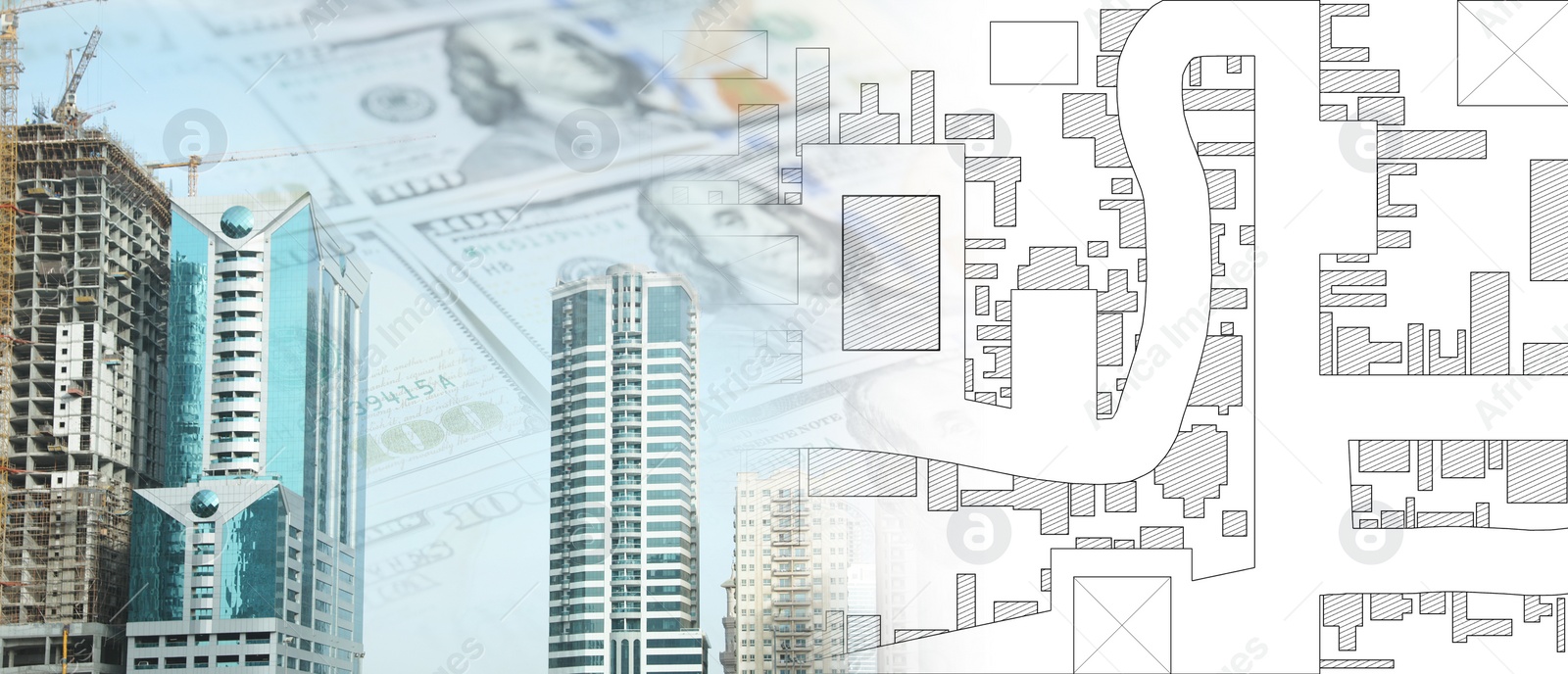 Image of Multiple exposure of cadastral map, money and unfinished buildings. Banner design