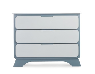 Modern wooden chest of drawers on white background