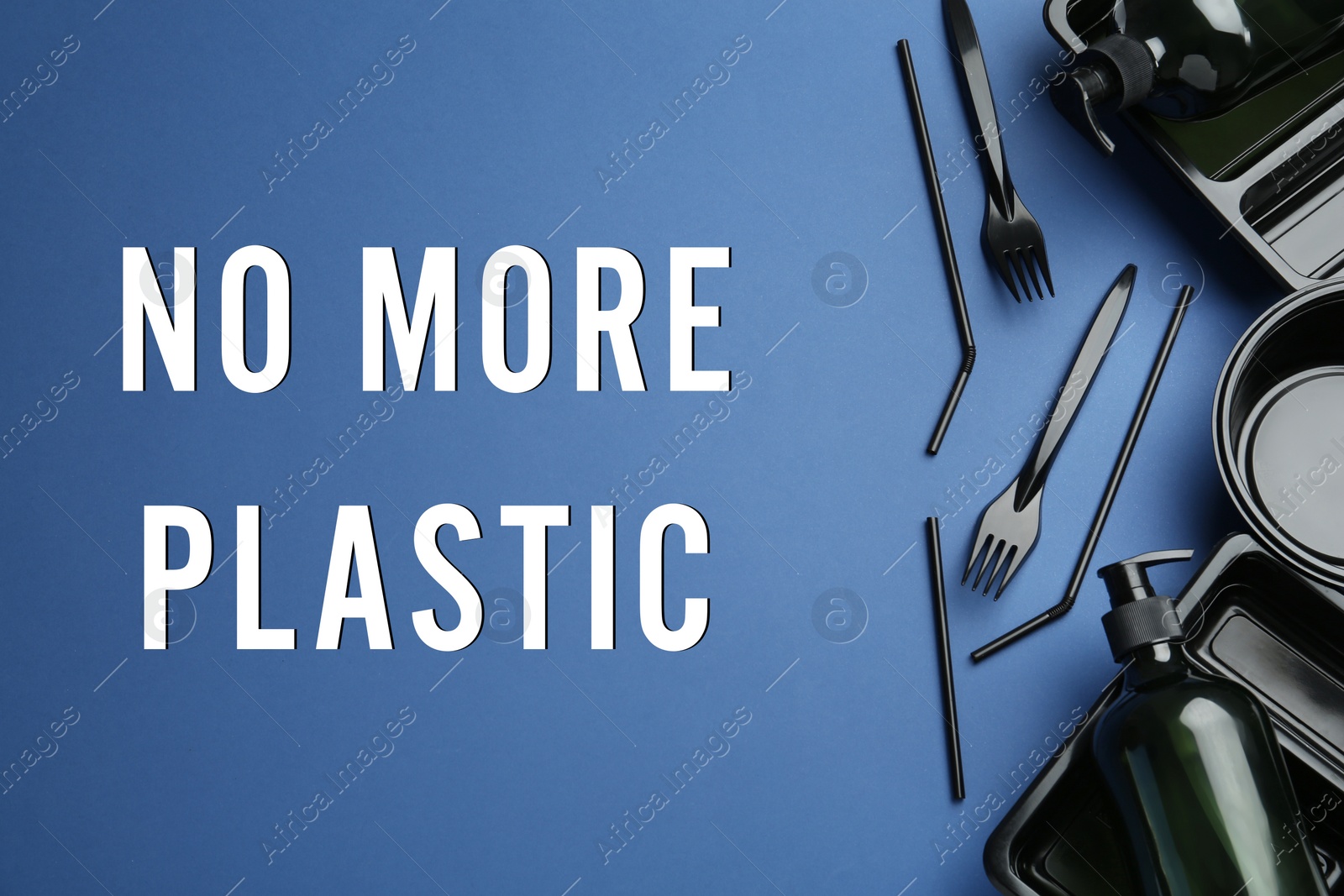 Image of Text NO MORE PLASTIC and different disposable dishware on blue background, flat lay