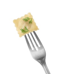 Fork with tasty ravioli isolated on white